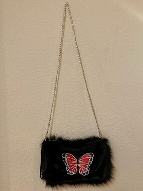 Black Faux Fur Crossbody Bag with Red Butterfly And Rhinestone Accents